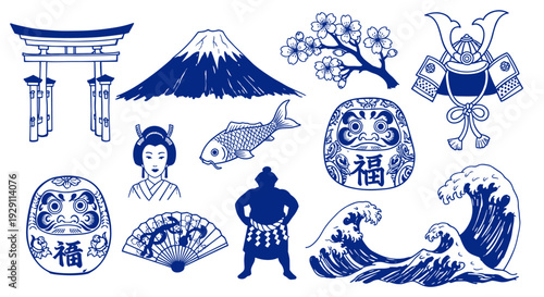 Traditional Japanese cultural symbols and icons collection including Mount Fuji cherry blossoms geisha sumo wrestler daruma doll and torii gate