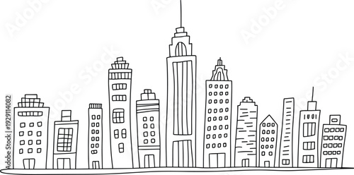 Skyline of various black and white city buildings with different architectural styles architecture