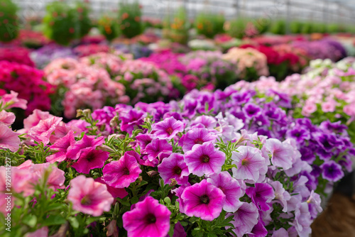 Wallpaper Mural Vibrant petunias in shades of pink and purple thrive in a lush greenhouse setting Torontodigital.ca