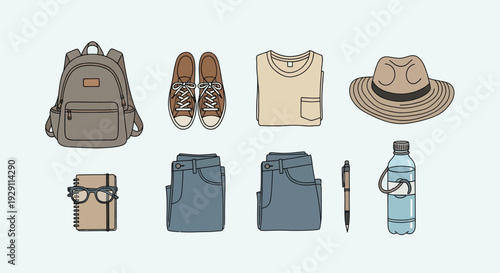 Essential items for a casual trip including a backpack, comfortable shoes, a simple shirt, folded jeans, a widebrim hat, a notebook, glasses, a pen, and a water bottle, perfect for packing