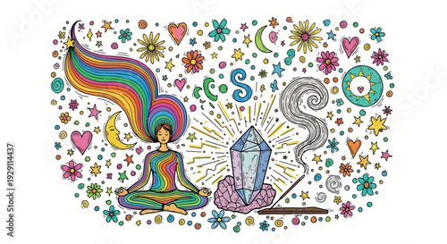 A person with vibrant rainbow hair and clothing meditating surrounded by cosmic elements, colorful flowers, stars, and an energizing crystal, ideal for wellness and spiritual lifestyle