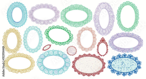 Collection of elegant antique style oval frames featuring delicate lace and filigree designs in soft watercolor hues, ideal for enhancing graphic layouts, greeting cards, or decorative