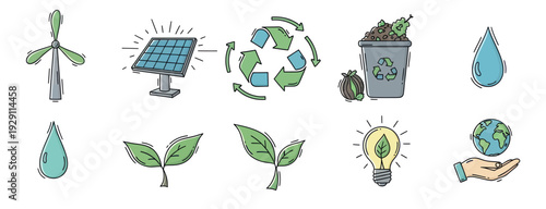 Ecofriendly handdrawn icons illustrating renewable energy, waste recycling, water conservation, plant growth, and global environment, ideal for sustainable living awareness and green