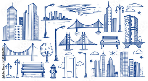 Sketchy Cityscape Collection Featuring Diverse Urban Elements Including Bridges Buildings Streetlights and Benches in Blue Ink