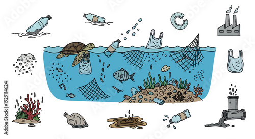 Ocean pollution showcasing plastic waste, microplastics, a sea turtle caught in trash, and industrial discharge harming marine life and ecosystems for educational and advocacy usage.