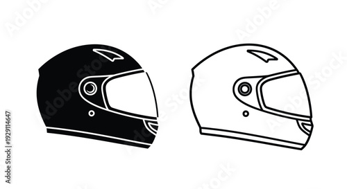 Two motorcycle helmets displayed in black and white a protective headgear silhouette