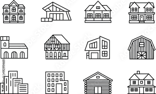 Various types of buildings and houses in black and white line style line black and white residential