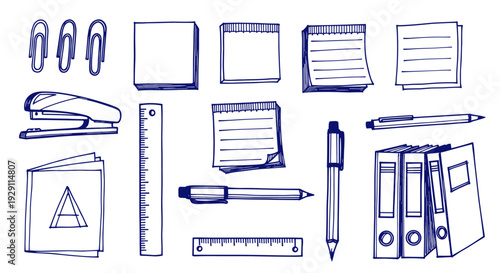 Collection of essential office and school supplies hand-drawn sketch in blue ink on a white background depicting stationery items for organization and study