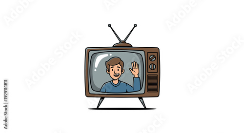 Friendly young man waving from an old vintage television screen, perfect for illustrating communication, media, or nostalgia in various digital and print projects
