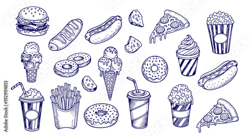Hand drawn sketch collection of popular fast food and sweet treats including burgers pizza hot dogs ice cream donuts and popcorn on a white background