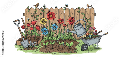 Vibrant spring garden scene with blooming flowers, sprouting seedlings, essential gardening tools like a watering can and shovel, along with cheerful insects and birds, great for