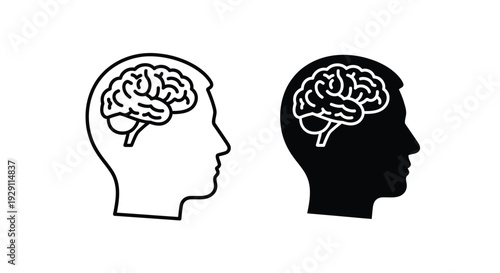 Human head profiles with brain icons black and white design showcasing intelligence silhouette