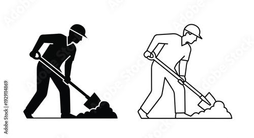 Two workers digging with shovels a black and white design depicting construction work silhouette