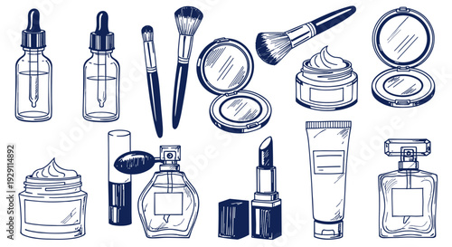 Collection of elegant cosmetic products and makeup tools beautifully arranged for beauty and skincare routines