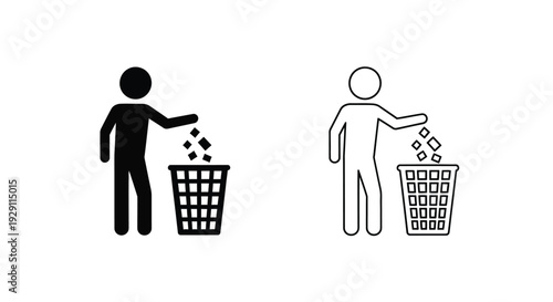 Person discarding trash into a bin depicted in two distinct silhouette styles