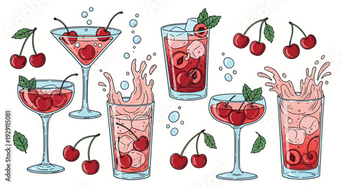 Collection of chilled cherry beverages and alcoholic mixed drinks featuring fresh fruit, ice, and liquid splashes perfect for summer event invitations and festive decorations