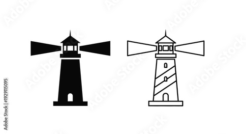 Two lighthouse silhouettes black and white design coastal structures navigational aids