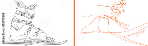 A black and white line drawing of a detailed ski boot attached to a binding, alongside an orange-outlined illustration of a freestyle skier performing a jump on a snowy terrain park feature.