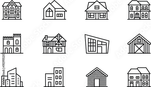 Various types of houses and buildings in black and white line style line black and white residential