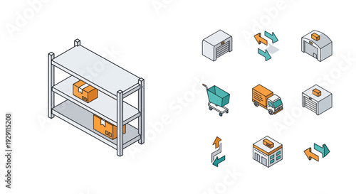 Warehouse Storage Shelving with Boxes and Pallets.