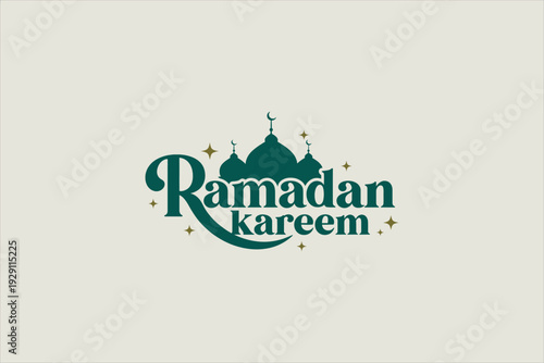 Ramadan Kareem greeting design with elegant serif typography, mosque silhouette and crescent, gold star accents on beige background, minimalist Islamic holiday card vector illustration. 