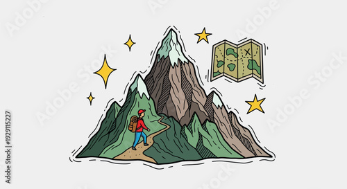 A vibrant graphic depicting a lone hiker traversing a winding mountain trail towards a snowcapped peak, guided by a treasure map, evoking a sense of outdoor adventure and exploration for