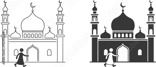 Islamic mosque architecture with a person walking towards the entrance in both outline and silhouette styles