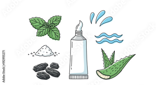 A toothpaste tube with natural ingredients such as mint, salt, charcoal, and aloe vera, complemented by water elements, for promoting refreshing oral care and healthy hygiene products.