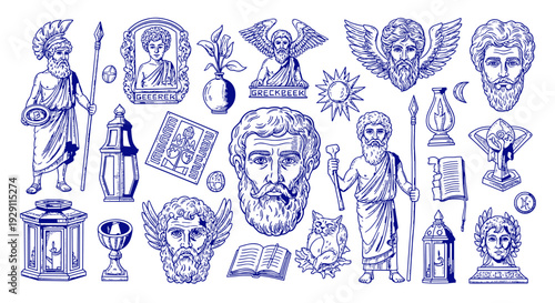 Ancient Greek Mythology Gods Heroes and Symbols Collection Vintage Line Art Illustration