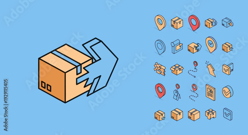 Brown Box with Open Flap and Arrow.