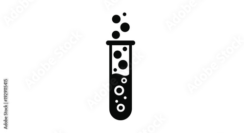 Black laboratory flask icon with bubbling liquid and dark spheres a striking silhouette