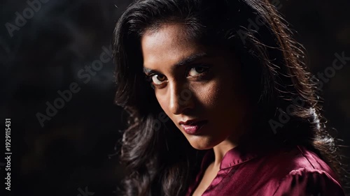 Captivating portrait of woman with dark hair in red blouse, her intense gaze and confident expression radiate strength and allure against dark, smoky background, enhancing beauty and mystery