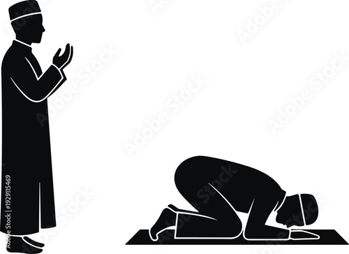 Muslim man standing in prayer while another man prostrates on a prayer mat in Islamic worship praying