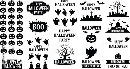 Halloween silhouette typography and icon set pumpkins ghosts bats graveyard happy halloween trick or treat black vector