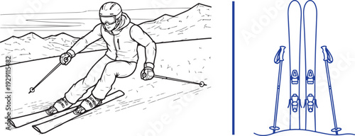 Vector line art set featuring wooden directional signs for ski slopes and a minimalist illustration of a chairlift carrying skiers. Captures essential mountain resort navigation and transport.