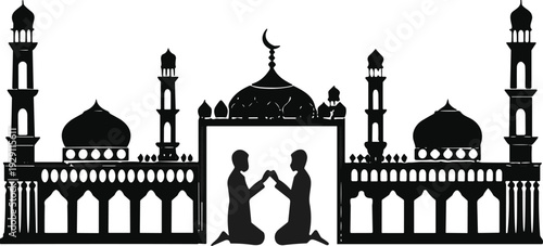 Silhouette of a grand mosque with minarets and domes framing two figures kneeling and holding hands in prayer or supplication
