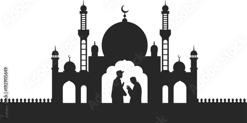 Silhouette of a grand mosque with two men in prayer or conversation at the entrance against a white background