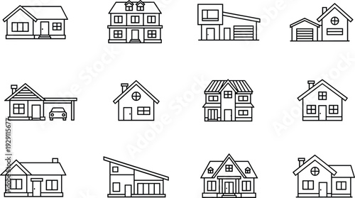 House outline icon set residential home buildings real estate property line symbols black vector illustration isolated