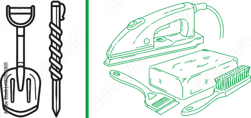 Vector line art set featuring a black outline of an avalanche shovel and probe alongside a green illustration of a ski waxing iron, brush, and wax block. Professional ski maintenance and safety gear.