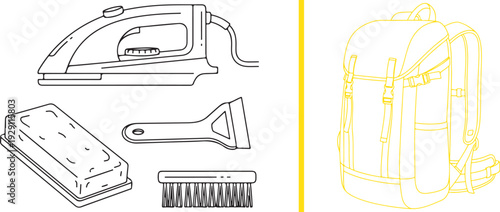 Vector line art set featuring black outlines of a ski waxing iron, brush, and wax block alongside a yellow illustration of a technical hiking backpack. Essential gear for ski care and trekking.