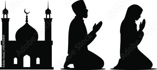 Silhouette of a mosque and two individuals praying a man and woman in prayer a depiction of Islamic religious observance