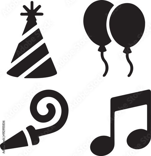 Party Icons: Balloons Music Note Party Hat Blowout Celebration Symbols Vector Graphics
