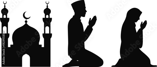 Silhouette of a mosque and two individuals praying a man and woman in prayer a representation of Islamic religious devotion and spirituality