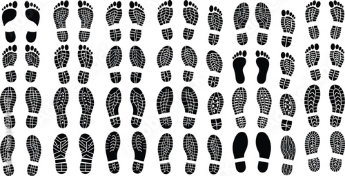 Human footprints and shoe sole tread silhouette collection isolated on white background walking tracking movement concept
