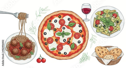 A delicious spread of Italian cuisine featuring classic dishes like spaghetti with meatballs, pizza Margherita, a fresh pasta salad, red wine, and a bread basket, perfect for menu covers or