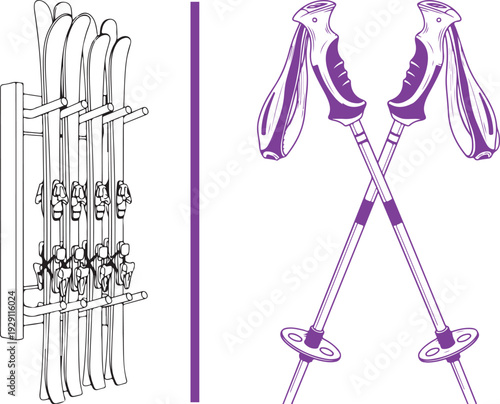 Purple line art showing a vertical storage rack filled with several pairs of skis, alongside a detailed illustration of two crossed ski poles with ergonomic grips and baskets.