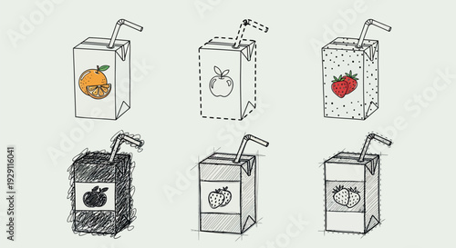 Collection of various fruit juice cartons with straws depicting orange, apple, and strawberry flavors in a hand drawn sketch style for packaging and beverage product presentations