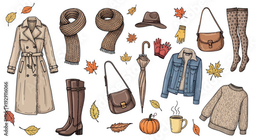 A diverse collection of comfortable autumn apparel and essential seasonal accessories including coats, scarves, boots, and warm drinks perfect for seasonal promotions or cozy weather