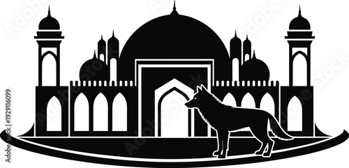 Silhouette of a wolf standing before a mosque, blending wild nature with religious architecture animal