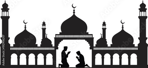 Silhouette of two men praying in front of a mosque with domes and minarets a symbol of Islamic faith and devotion